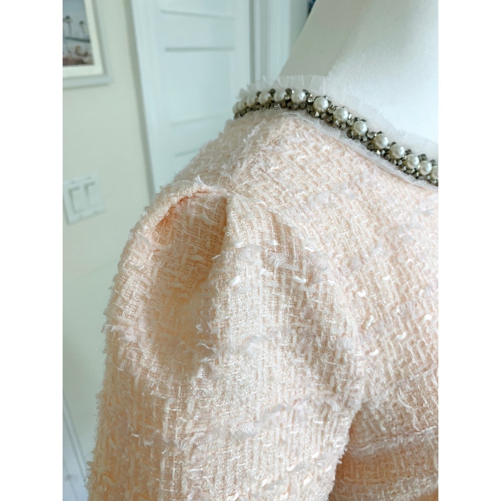 Vintage Betsey Johnson Pink Bouclé Tweed Shift 4 Pearl Rhinestone Mini Dress - Picture 6 of 16